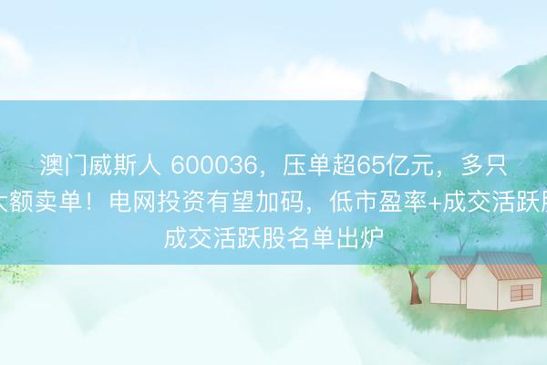 澳门威斯人 600036,压单超65亿元,多只龙头股现大额卖单!电网投资有望加码,低市盈率+成交活跃股名单出炉