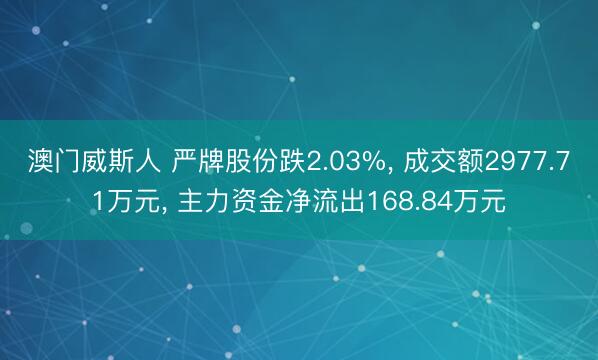 澳门威斯人 严牌股份跌2.03%， 成交额2977.71万元， 主力资金净流出168.84万元