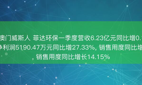 澳门威斯人 菲达环保一季度营收6.23亿元同比增0.12%， 归母净利润5190.47万元同比增27.33%， 销售用度同比增长14.15%